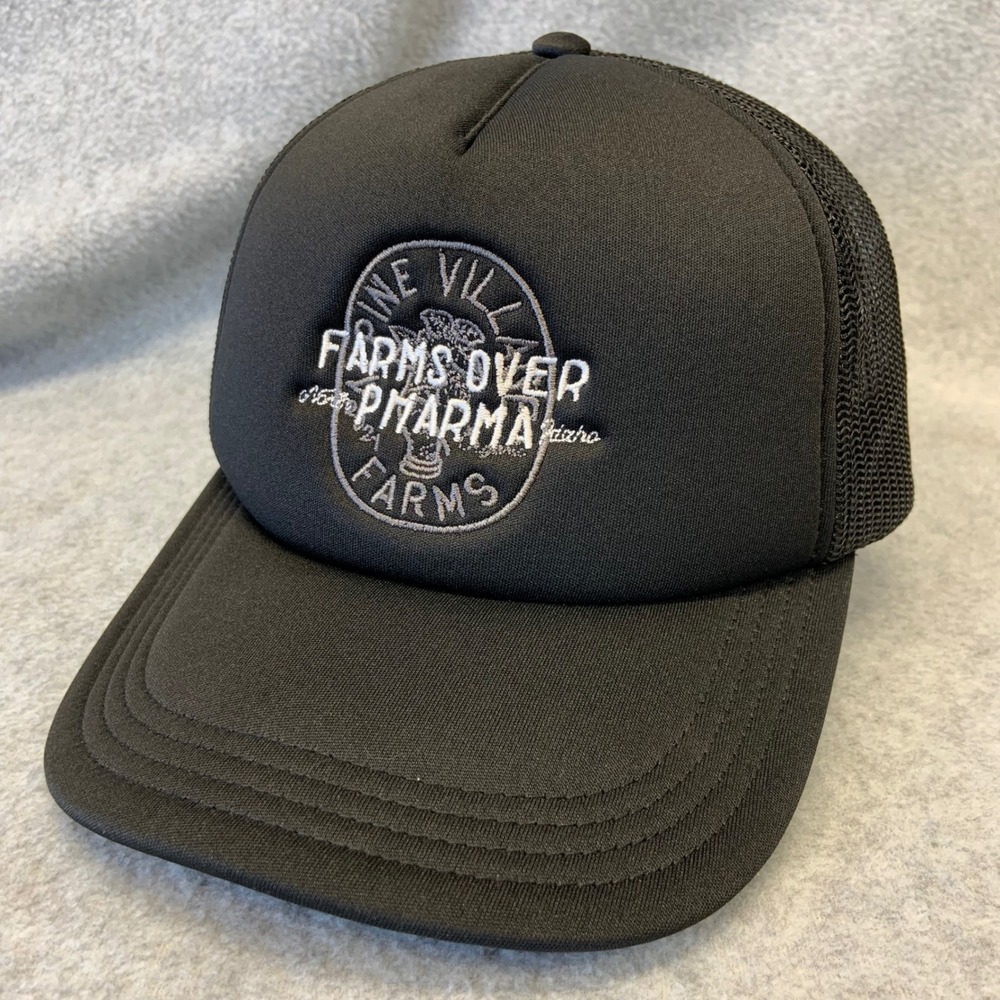 Farms Over Pharma Mens Black Alpine Village Farms Trucker Hat Snapback OSFM